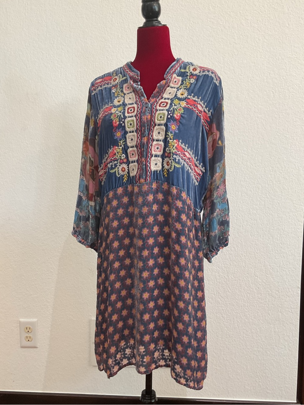 Johnny Was Blue Floral Embroidered Long Sleeve Dress